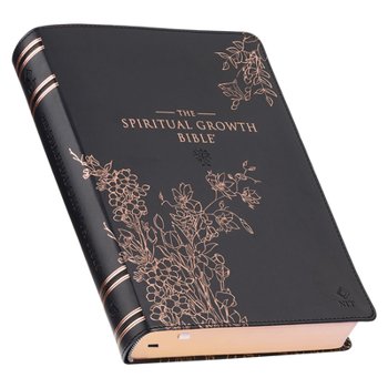 Imitation Leather The Spiritual Growth Bible, Study Bible, NLT - New Living Translation Holy Bible, Faux Leather, Black Rose Gold Debossed Floral Book