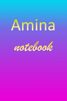 Amina: Blank Notebook | Wide Ruled Lined Paper Notepad | Writing Pad Practice Journal | Custom Personalized First Name Initial A Blue Purple Gold  | ... Homeschool & University Organizer Daybook