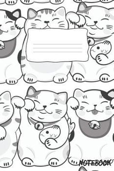 Notebook: 120 Dot Grid Pages, 6 x 9 inches, White Paper, Matte Finished Soft Cover (Black & White Smiling Maneki-Neko Cute Lucky Cat Charm Fortune Cat)