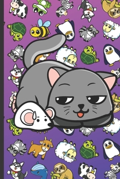 2020 Weekly Planner and Calendar: Kitty Cat Cartoon on Cover with Zebras Whales Dogs Frogs Cows Sloths Penguins Raccoons Sheep Goats and Turtles on Purple Blue Background.