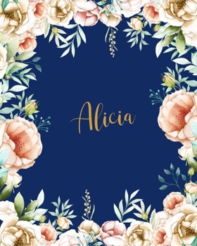 Alicia Dotted Journal: Personalized Dotted Notebook Customized Name Dot Grid Bullet Journal Diary Paper Gift for Teachers Girls Womens Friends School Supplies Birthday Floral Gold Dark Blue