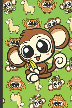 Coloring Book with Positive Affirmations and Stress Relief: Monkey with a Banana and Lllamas and Owls in the Background on a Lime Green Cover.
