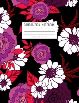 Paperback Composition Notebook - College Ruled, 8.5 x 11: Black, Purple, Red Floral Soft Cover, 110 Pages Book