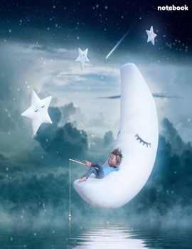 Notebook: Child at moon with Sky Stars Clouds on sea Water lined Pages Notebook - Large (8.5 x 11 inches) - 120 Pages - Artistic Cover