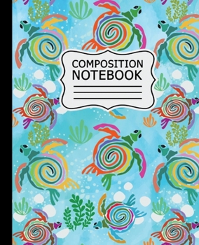 Paperback Composition Notebook: Colorful Abstract Sea Turtles on Light Blue Background - 7.5" X 9.25" 110 Pages Wide Ruled Book