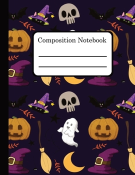 Composition Notebook: Blank Wide Ruled Line Paper Notebook 110 Pages 8.5x11 Inch Cute Halloween Blue Cover