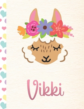 Paperback Vikki: Personalized Llama Primary Handwriting Notebook For Girls With Pink Name - Dotted Midline Handwriting Practice Paper - Book