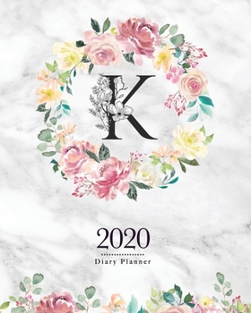 2020 Diary Planner: 8x10 Planner With Watercolor Flowers "K" Monogram On Gray Marble for Woman