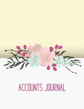 Accounts Journal: Account journal, space for keeping track of cash or check payments, features columns for description, reference, and debit or credit, purple cover. Yellow and white floral cover.