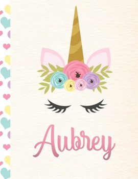 Paperback Aubrey: Personalized Unicorn Primary Handwriting Notebook For Girls With Pink Name - Dotted Midline Handwriting Practice Paper Book