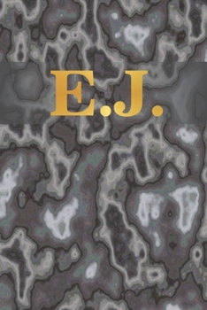 E.J.: 6" x 9" Executive Style Notebook with 100 Blank CREAM COLORED Lined Interior Pages. Gold Monogrammed Two Initials on Black Marble Matte Printed Cover.