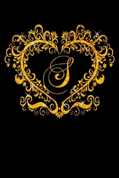 S: Letter S Initial Monogram Notebook - Gold Heart Ornament Frame on Black College Ruled Notebook, Writing Pad, Journal o
