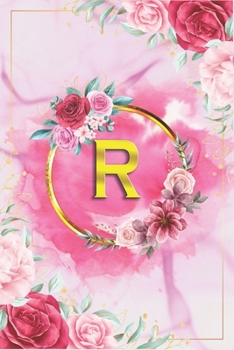 R: Beautiful Rose Marble Blank Wide Rulled Notebook with Monogram Initial Letter R For Women & Girls- Lovely Golden Ring Lined Personalized Diary & Journal With lined Ruled Pages.