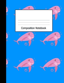 Paperback Composition Notebook: Wide Ruled Writing Book Pink Dolphins Blue Ocean Pattern Design Cover Book