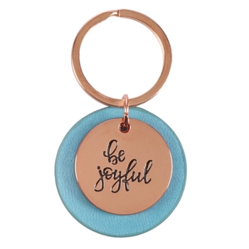 WITH LOVE Women's Keychain, Be Joyful Rose Gold Metal Heart Medallion Teal Faux Leather Engraved Design Inspirational Quote Key Ring Ladies Accessory for Her Birthday, Luggage ID, Backpack/Bag Charm
