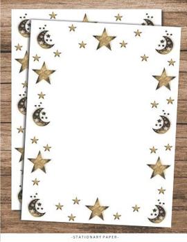 Stationary Paper: Moon and Stars Letterhead Border Paper, Set of 25 Sheets Pattern Themed for Writing, Flyers, Copying, Crafting, Invitations, Party, ... School Supplies, 8.5 x 11 Inch (Stationery)
