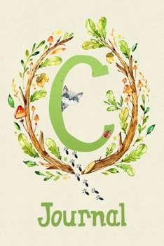 Cute Woodland Critter Journal with Initial: Cute Woodland Raccoon Journal with Green Initial 'C'