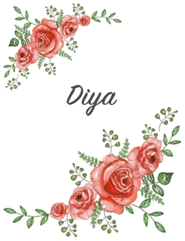 Diya: Personalized Composition Notebook – Vintage Floral Pattern (Red Rose Blooms). College Ruled (Lined) Journal for School Notes, Diary, Journaling. Flowers Watercolor Art with Your Name