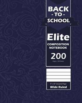 Paperback Back To School Elite Notebook, Wide Ruled Lined 8 x 10 Inch, Grade School, Students, Large 100 Sheet Notebook Navy Blue Book