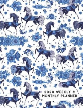 Paperback 2020 Weekly & Monthly Planner: Artistic Russia Prancing Horse with Blue Flowers Calendar & Journal Book