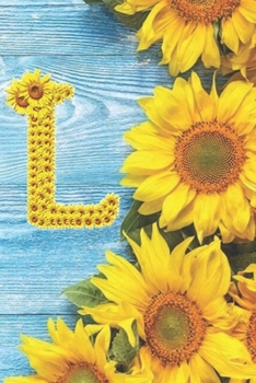 L: Sunflower Personalized Initial Letter L Monogram Blank Lined Notebook,Journal and Diary with a Rustic Blue Wood Background