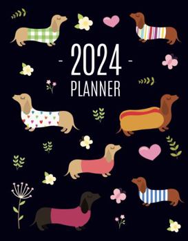 Dachshund Planner 2024: Funny Dog Monthly Agenda January-December Organizer (12 Months) Cute Puppy Scheduler with Flowers & Pretty Pink Hearts