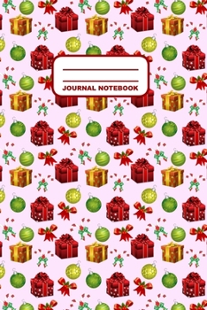 Paperback Journal Notebook: Notebook, Journal, Or Diary - Christmas Gift Present Ball Bow Candy Cane Pattern Cover Design - 110 Blank Lined Pages Book