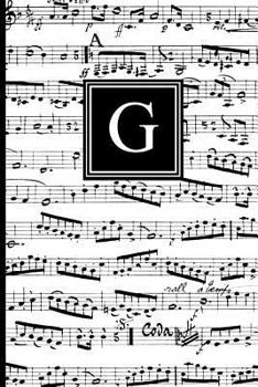G: Musical Letter G Monogram Music Journal, Black and White Music Notes cover, Personal Name Initial Personalized Journal, 6x9 inch blank lined college ruled notebook diary, perfect bound, Soft Cover