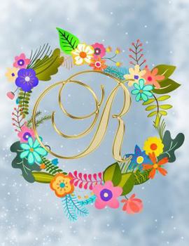 R : Monogram Initial R Notebook for Women and Girls Gold Color Floral Blue Snowy