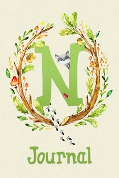 Cute Woodland Critter Journal with Initial: Cute Woodland Raccoon Journal with Green Initial 'N'