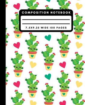 Paperback Composition Notebook: Cute Cactus Hearts Valentines Day Wide Ruled Notebook Lined School Journal 100 Pages 7.5 x 9.25 Book