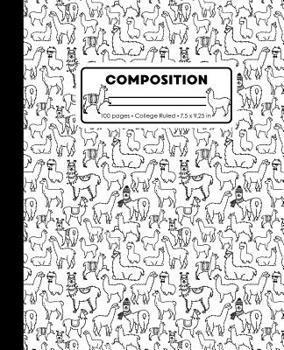 Composition: College Ruled Writing Notebook, Black and White Llama Alpaca Outline Pattern Marbled Blank Lined Book