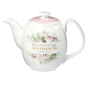 Misc. Teapot Ceramic He Gives Me New Strength Psalm 23:3 Book