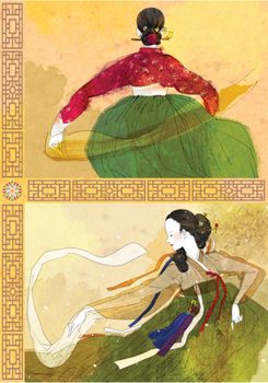 Hardcover Korean Dancers Dotted Hardcover Journal: Blank Notebook with Ribbon Bookmark Book