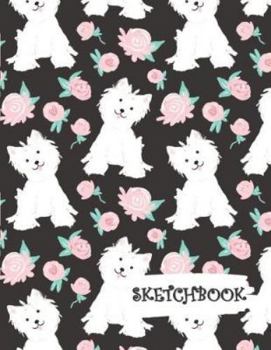 Paperback Sketchbook: Happy Dog with Roses Fun Framed Drawing Paper Notebook Book