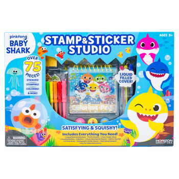 Baby Shark 99351 Stamp & Sticker by Horizon Group USA Includes Colored Markers, Sticker Sheets, Puffy Stickers, Self-Ink Stampers, Liquid Filled Activity Book Glitter Glue & More, Multi