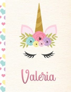 Valeria: Personalized Unicorn Primary Story Journal For Girls With Pink Name | Half Ruled Dotted Midline and Blank Picture Space | Kindergarten to ... | Grades K-2 Composition School Exercise Book