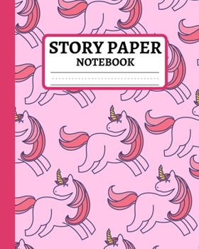 Story Paper Notebook: Primary Elementary Composition Journal In Unicorns Pattern, Dashed Midline Exercise Book For School