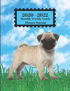 2020 - 2022 Monthly Weekly Yearly Planner Journal: Cute Pug Puppy Dog Standing In Grass Blue Sky Cover 2 Yr Planner Appointment Calendar Organizer And Journal Notebook