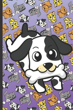 Coloring Book with Positive Affirmations and Stress Relief: Black and White Puppy with a Bone with Cute Kittens Cats Dogs and Puppies on a Purple Background.
