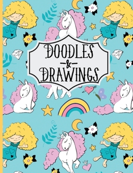 Doodles & Drawings: Sketch Book For kids Drawing Book with Girls and Unicorn Pattern Sky blue 8.5"X11" 110 Pages