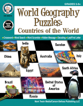 Paperback World Geography Puzzles: Countries of the World, Grades 5 - 12 Book