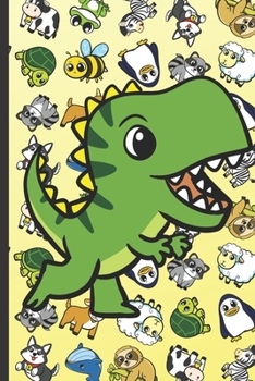 RV Travel and Camping Log Journal and Companion Guide: Dinosaur Cartoon on Cover with Zebras Whales Dogs Frogs Cows Sloths Penguins Raccoons Sheep Goats and Turtles on Yellow Background.