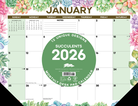 Home Succulents 2026 22 X 17 Large Monthly Deskpad Book