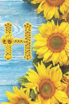 H: Sunflower Personalized Initial Letter H Monogram Blank Lined Notebook,Journal and Diary with a Rustic Blue Wood Background