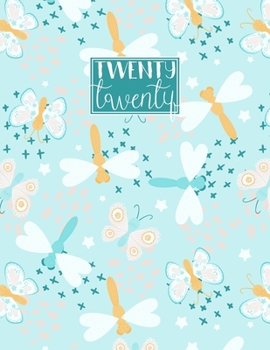 2020: A4 Diary Week on 2 Pages to View WO2P Journal Horizontal Weekly Planner Aqua Blue & Yellow Dragonfly & Butterfly Pattern