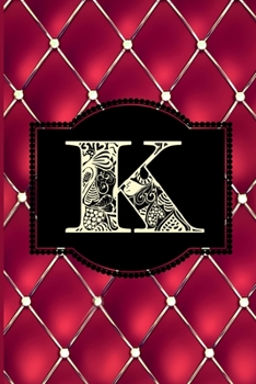 K: Monogram Journal or Diary. Captivating Ruby Red and Gold Diamond Design with a Decorative Uppercase Initial with Texture & Charm on a Vintage Black Cinema Marquee Notebook. (6x9 110 Blank Lined Pag