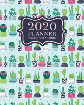 2020 Planner Weekly And Monthly: 2020 Planner Cactus - January To December - Agenda Calendar - Monthly Weekly Views And Vision Board - 8x10  Size - Girly Cactus Pot Pattern On Mint