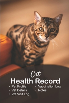 Cat health record: Cat vaccine record book | Pet health record | Puppy vaccine record | 101 pages, 6"x9" | Paperback | photo of a tiger cat looking straight ahead