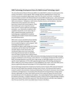 SMD Technology Development Story for NASA Annual Technology report